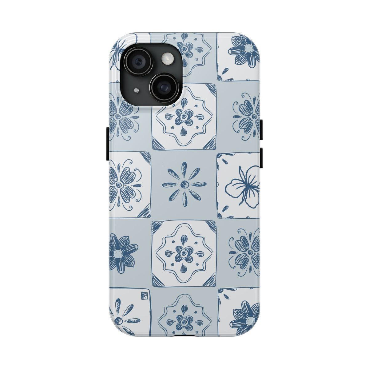 Blue Tile Floral Tough Phone Case — Ceramic Pattern Protective Phone Cover