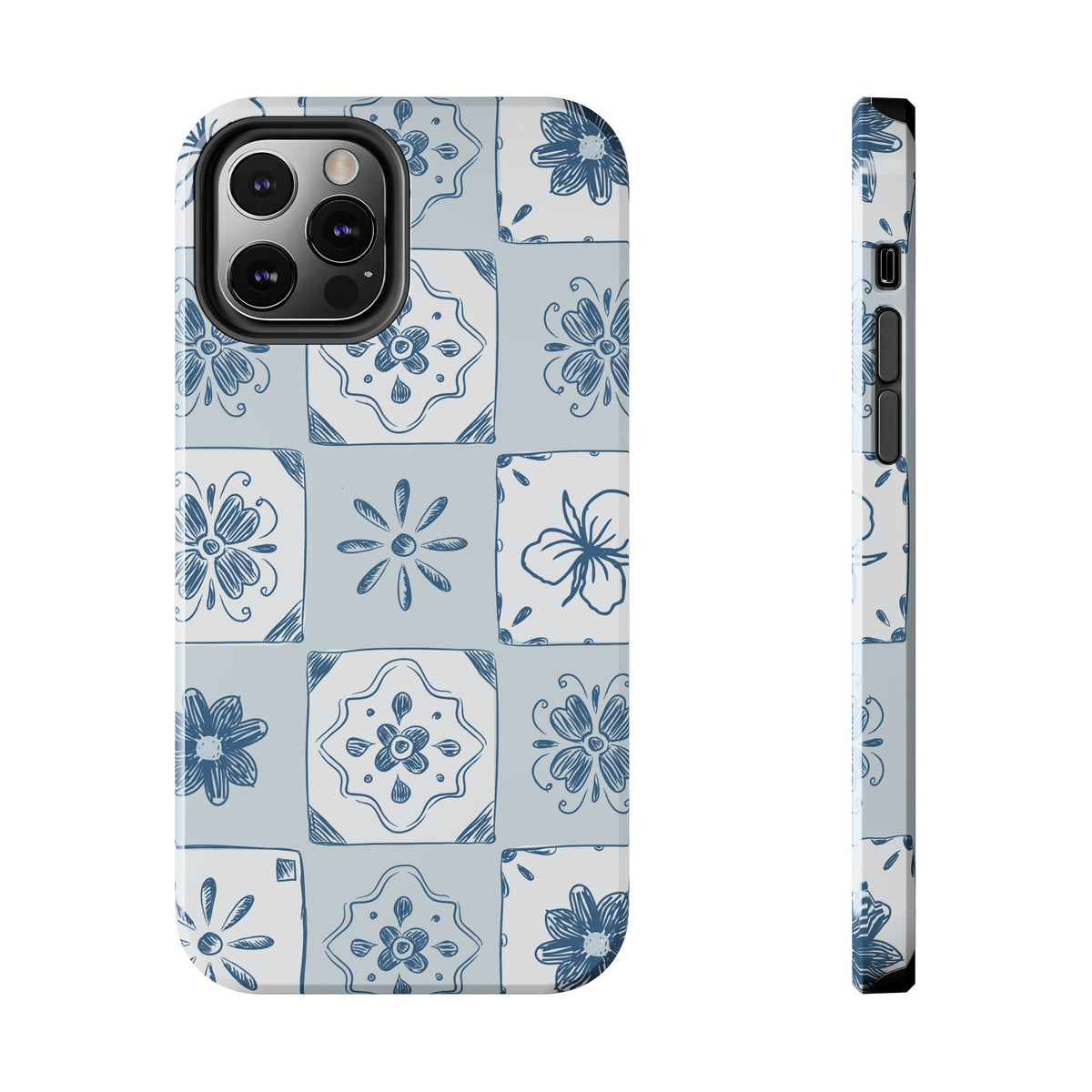 Blue Tile Floral Tough Phone Case — Ceramic Pattern Protective Phone Cover