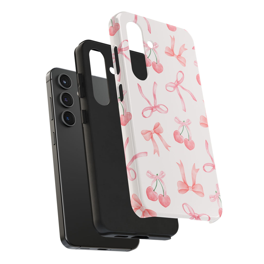 Pink Cherry & Bows Tough Phone Case — Cute Pastel Floral Pattern