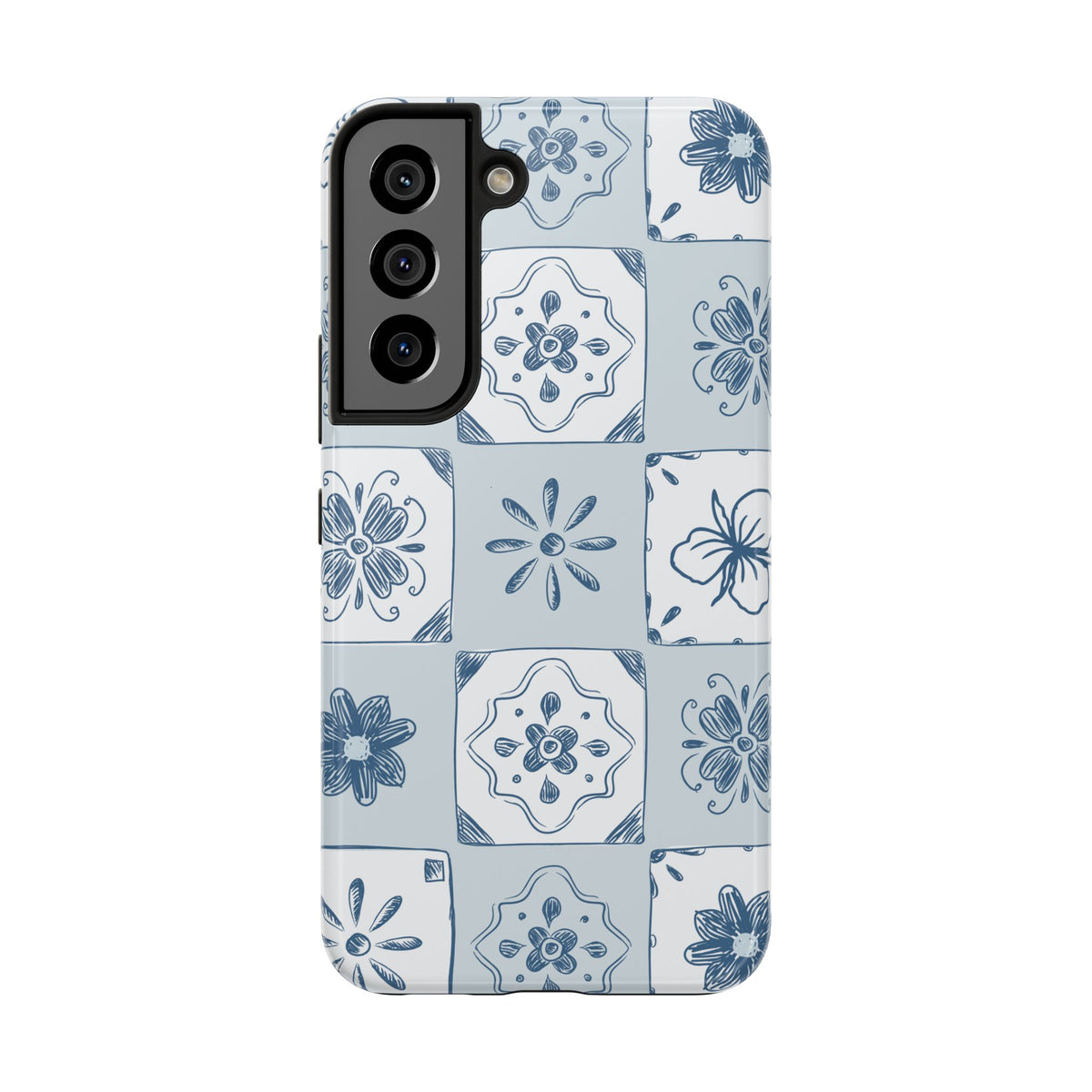 Blue Tile Floral Tough Phone Case — Ceramic Pattern Protective Phone Cover