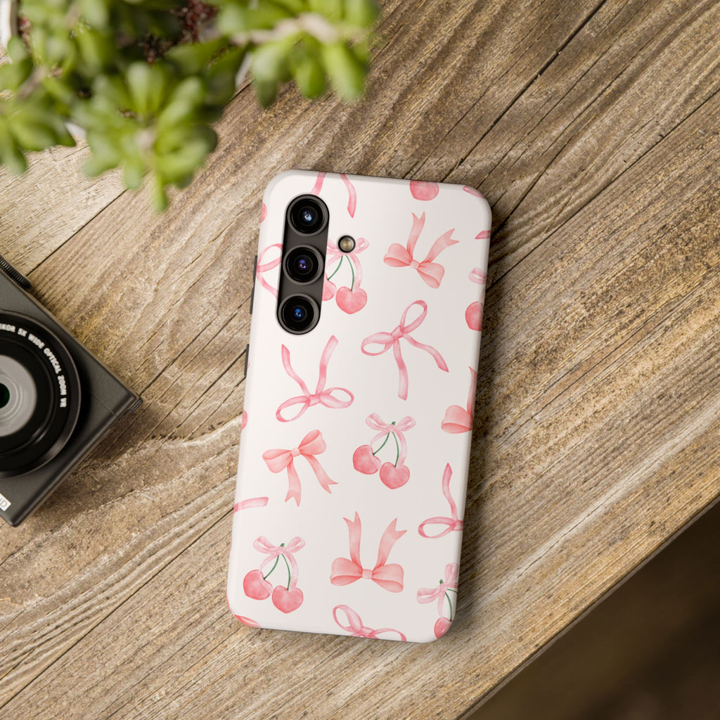 Pink Cherry & Bows Tough Phone Case — Cute Pastel Floral Pattern