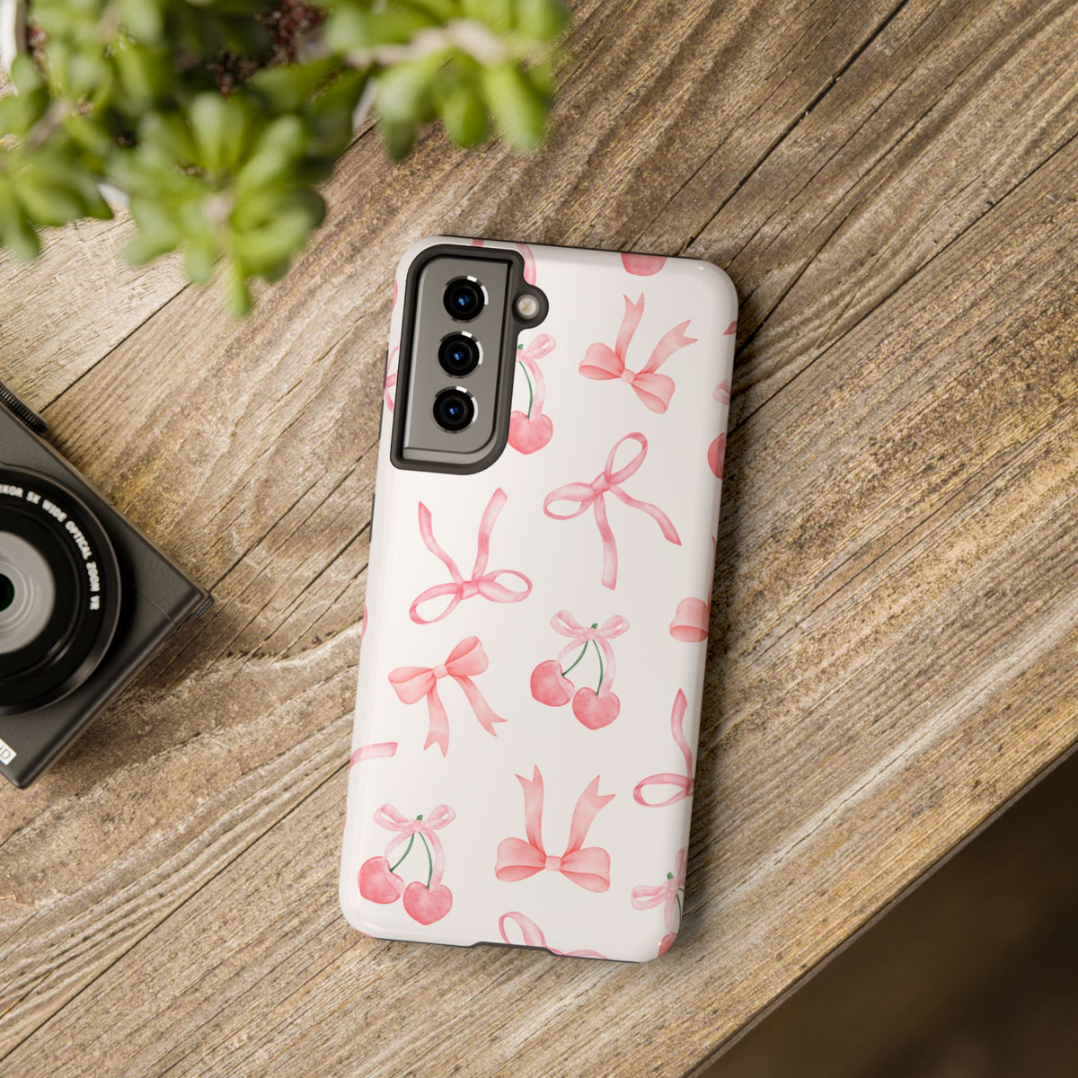 Pink Cherry & Bows Tough Phone Case — Cute Pastel Floral Pattern