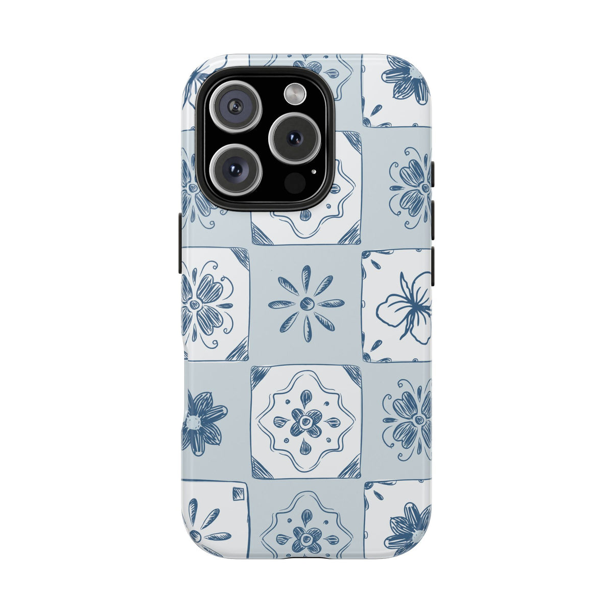 Blue Tile Floral Tough Phone Case — Ceramic Pattern Protective Phone Cover