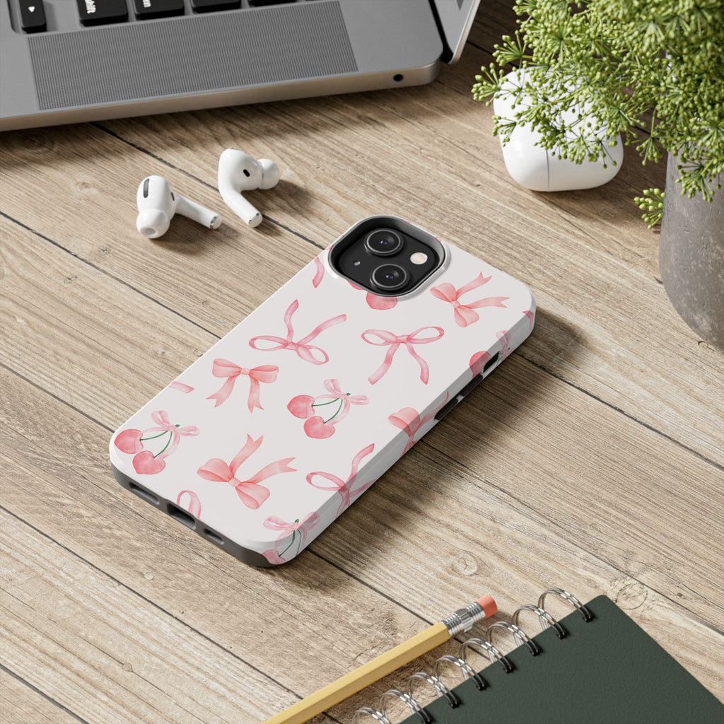 Pink Cherry & Bows Tough Phone Case — Cute Pastel Floral Pattern