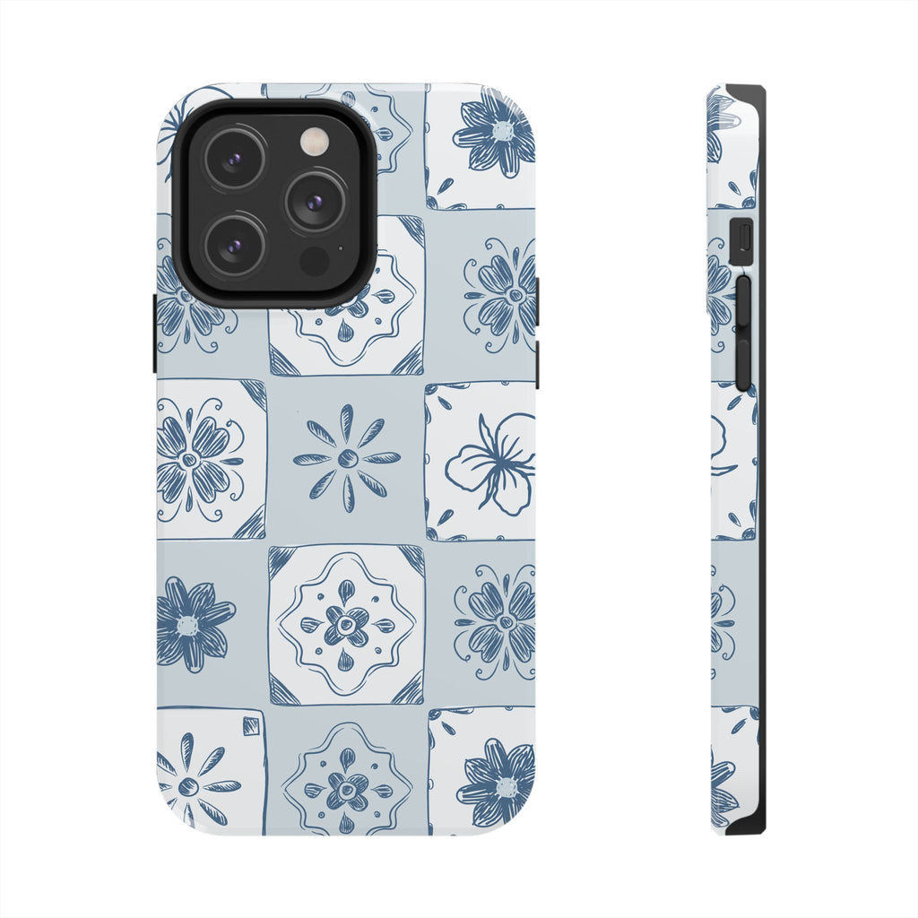 Blue Tile Floral Tough Phone Case — Ceramic Pattern Protective Phone Cover