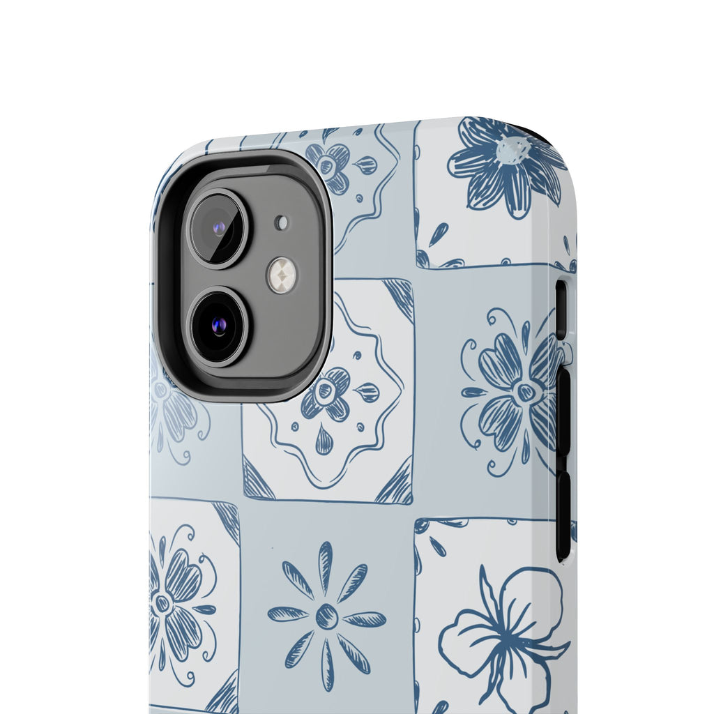 Blue Tile Floral Tough Phone Case — Ceramic Pattern Protective Phone Cover