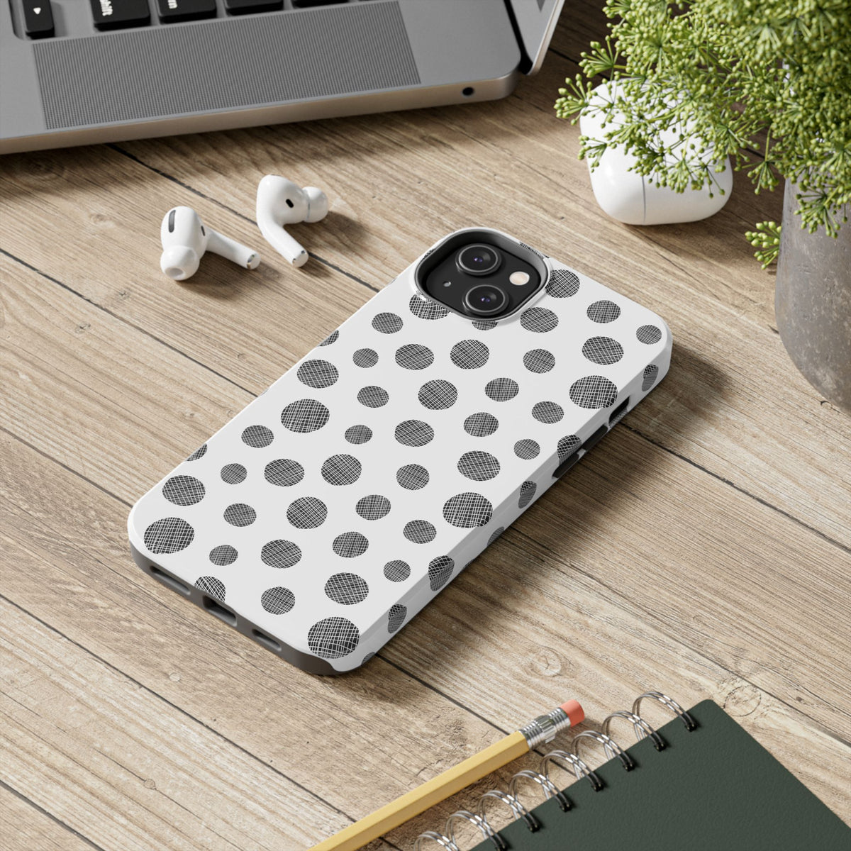 Polka Dot Texture Tough Phone Case — Black & White Spot Pattern, Protective Slim Phone Cover
