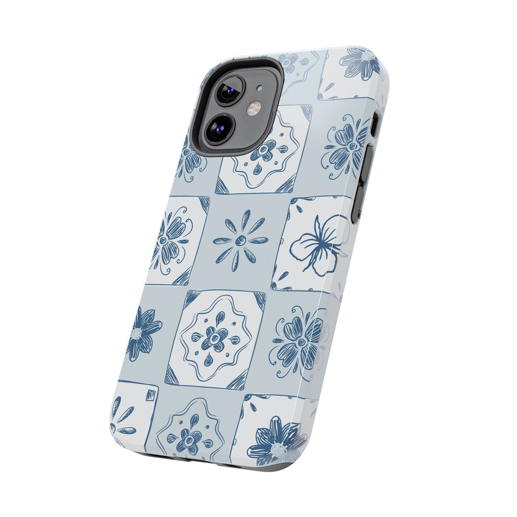 Blue Tile Floral Tough Phone Case — Ceramic Pattern Protective Phone Cover
