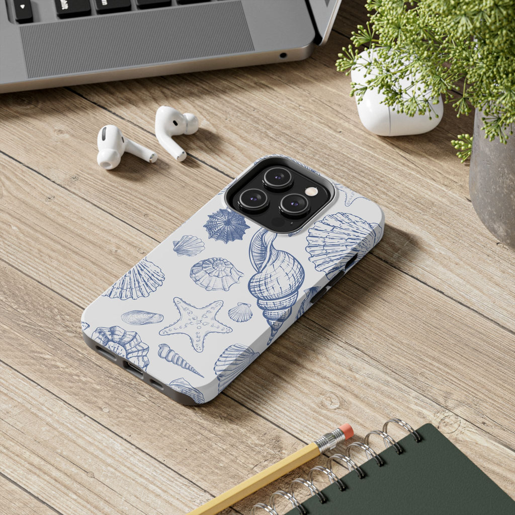Seaside Sketch Tough Phone Case – Blue Shells & Starfish Protective Cover