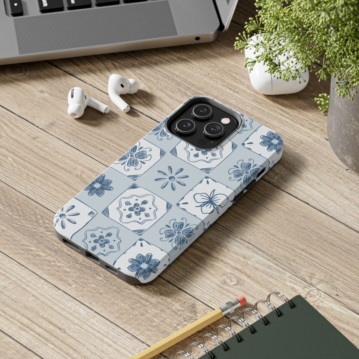 Blue Tile Floral Tough Phone Case — Ceramic Pattern Protective Phone Cover