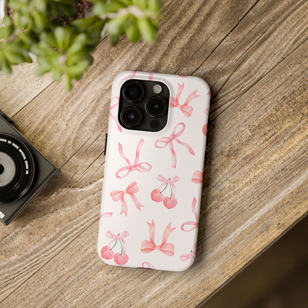 Pink Cherry & Bows Tough Phone Case — Cute Pastel Floral Pattern