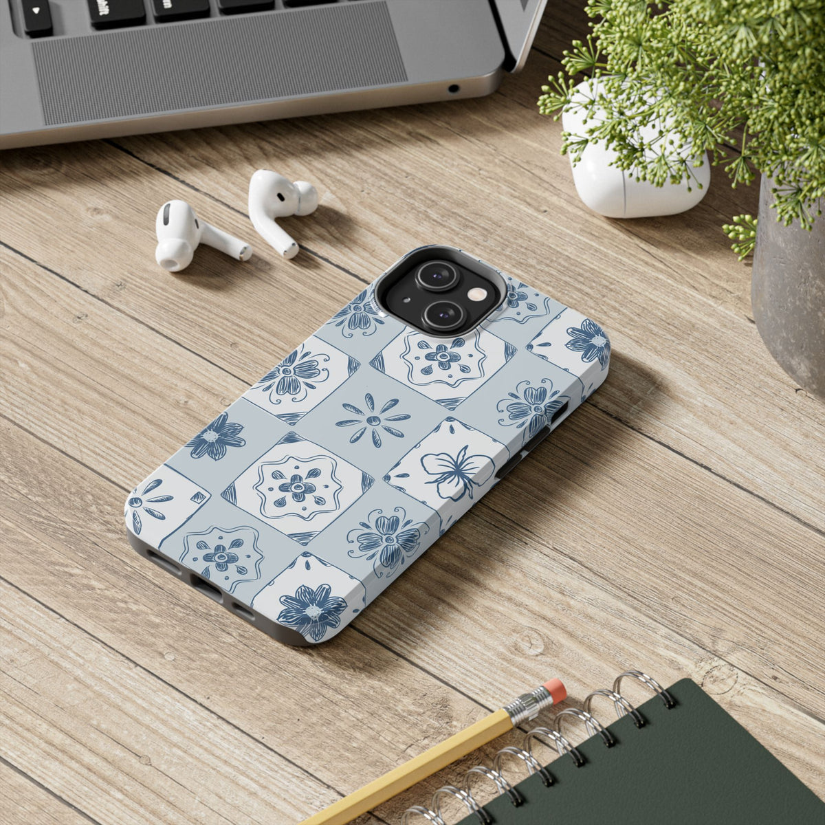Blue Tile Floral Tough Phone Case — Ceramic Pattern Protective Phone Cover