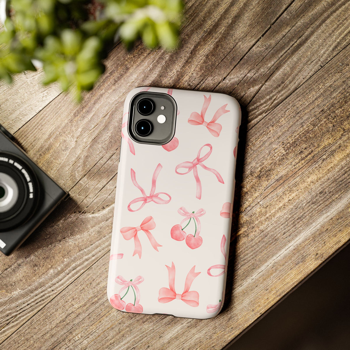 Pink Cherry & Bows Tough Phone Case — Cute Pastel Floral Pattern