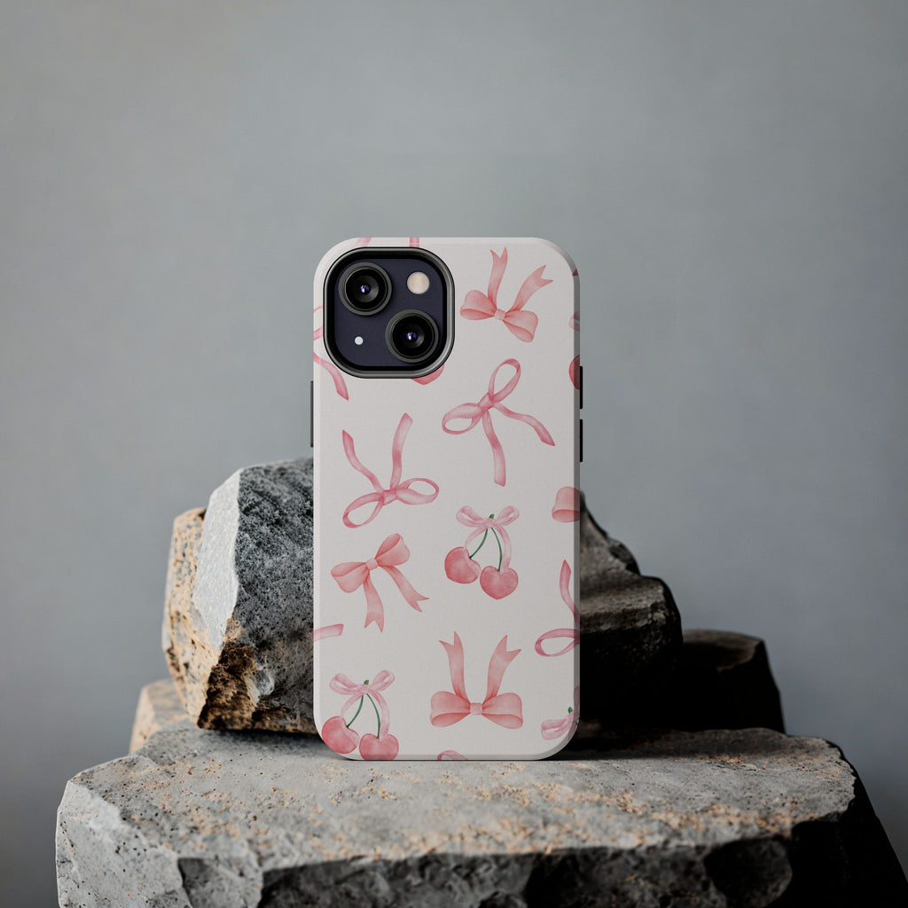 Pink Cherry & Bows Tough Phone Case — Cute Pastel Floral Pattern