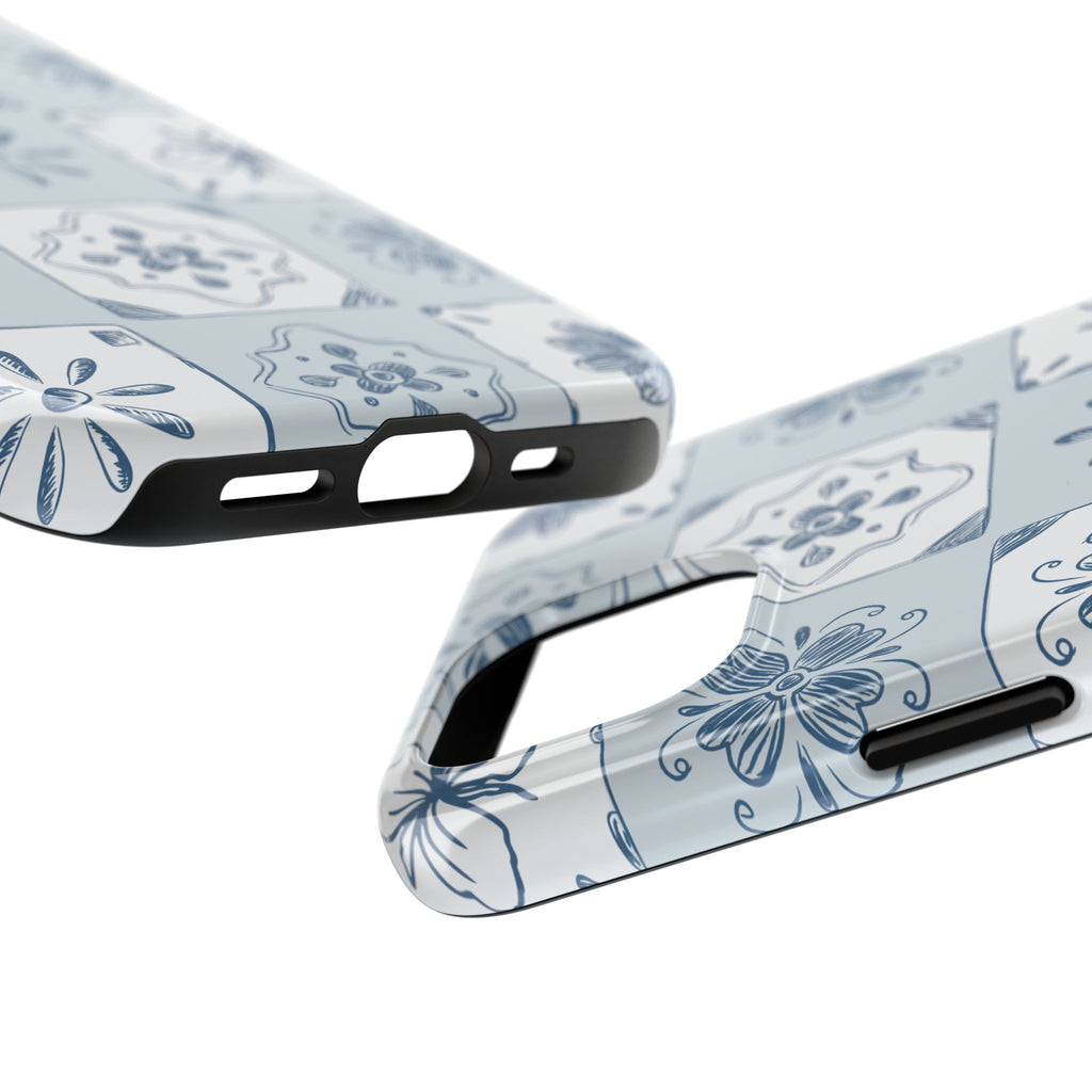 Blue Tile Floral Tough Phone Case — Ceramic Pattern Protective Phone Cover
