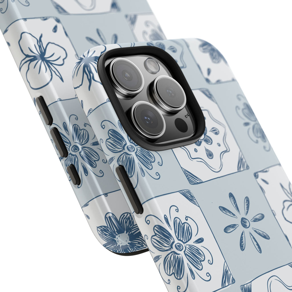 Blue Tile Floral Tough Phone Case — Ceramic Pattern Protective Phone Cover