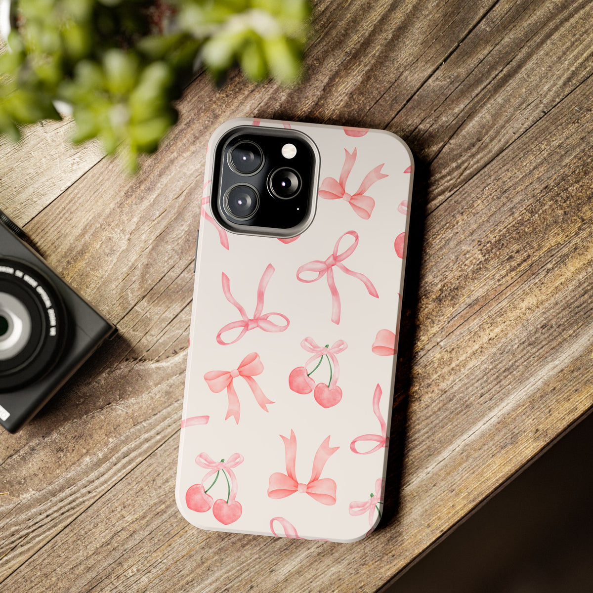 Pink Cherry & Bows Tough Phone Case — Cute Pastel Floral Pattern