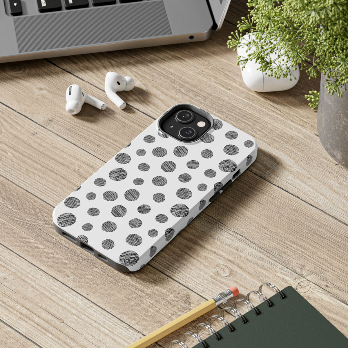 Polka Dot Texture Tough Phone Case — Black & White Spot Pattern, Protective Slim Phone Cover