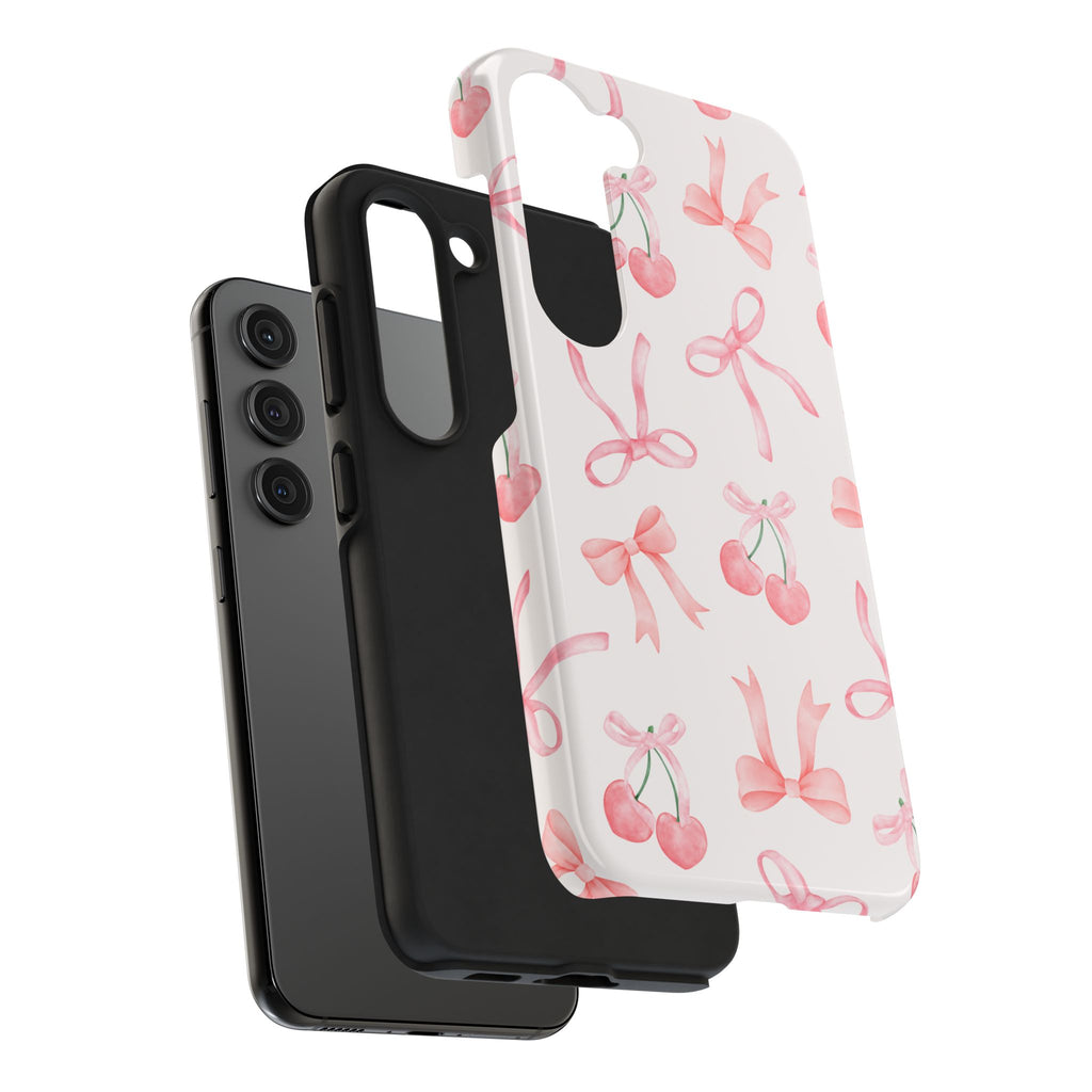 Pink Cherry & Bows Tough Phone Case — Cute Pastel Floral Pattern