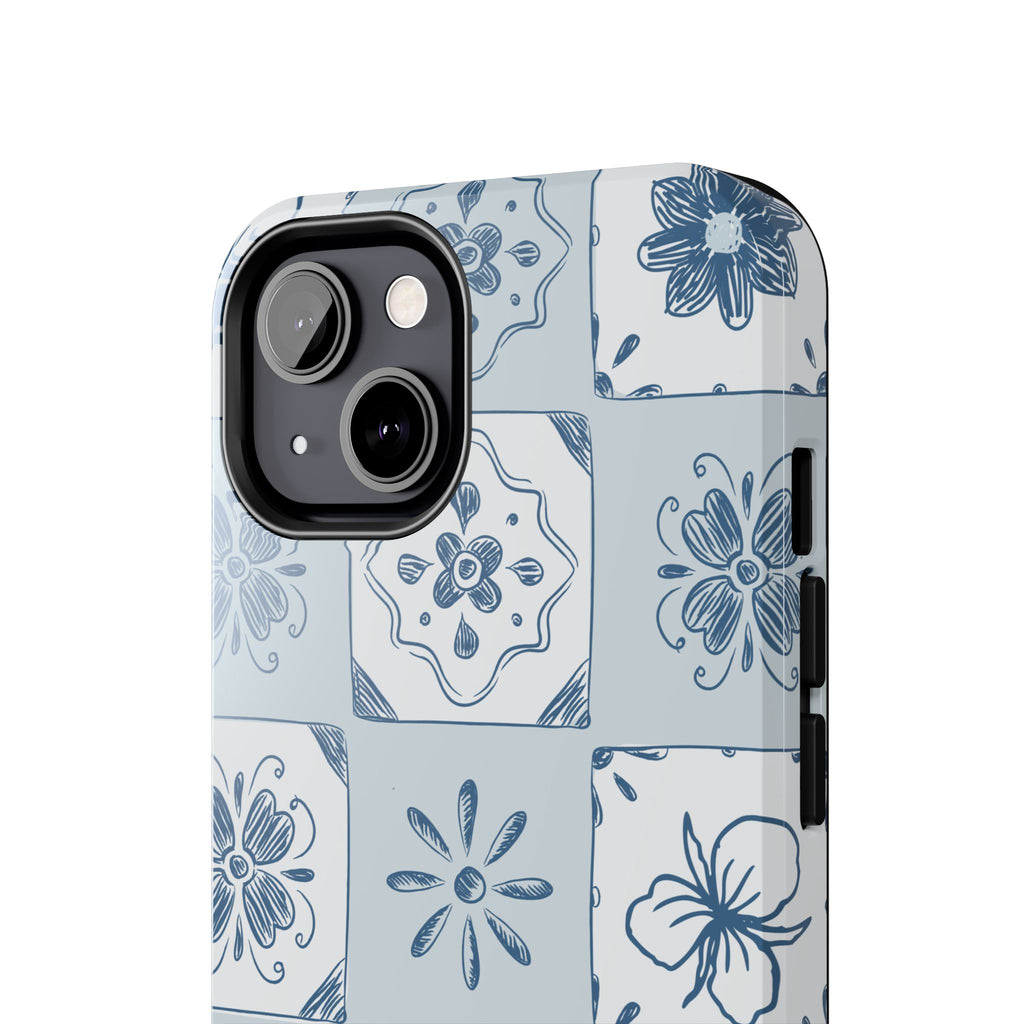 Blue Tile Floral Tough Phone Case — Ceramic Pattern Protective Phone Cover