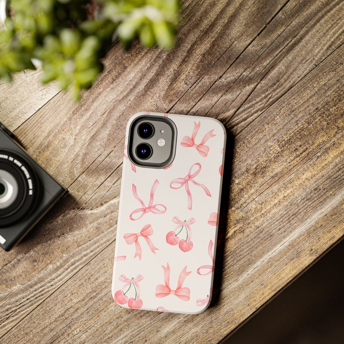 Pink Cherry & Bows Tough Phone Case — Cute Pastel Floral Pattern