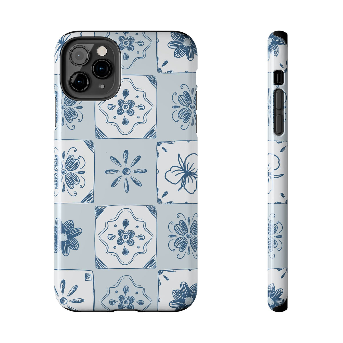Blue Tile Floral Tough Phone Case — Ceramic Pattern Protective Phone Cover