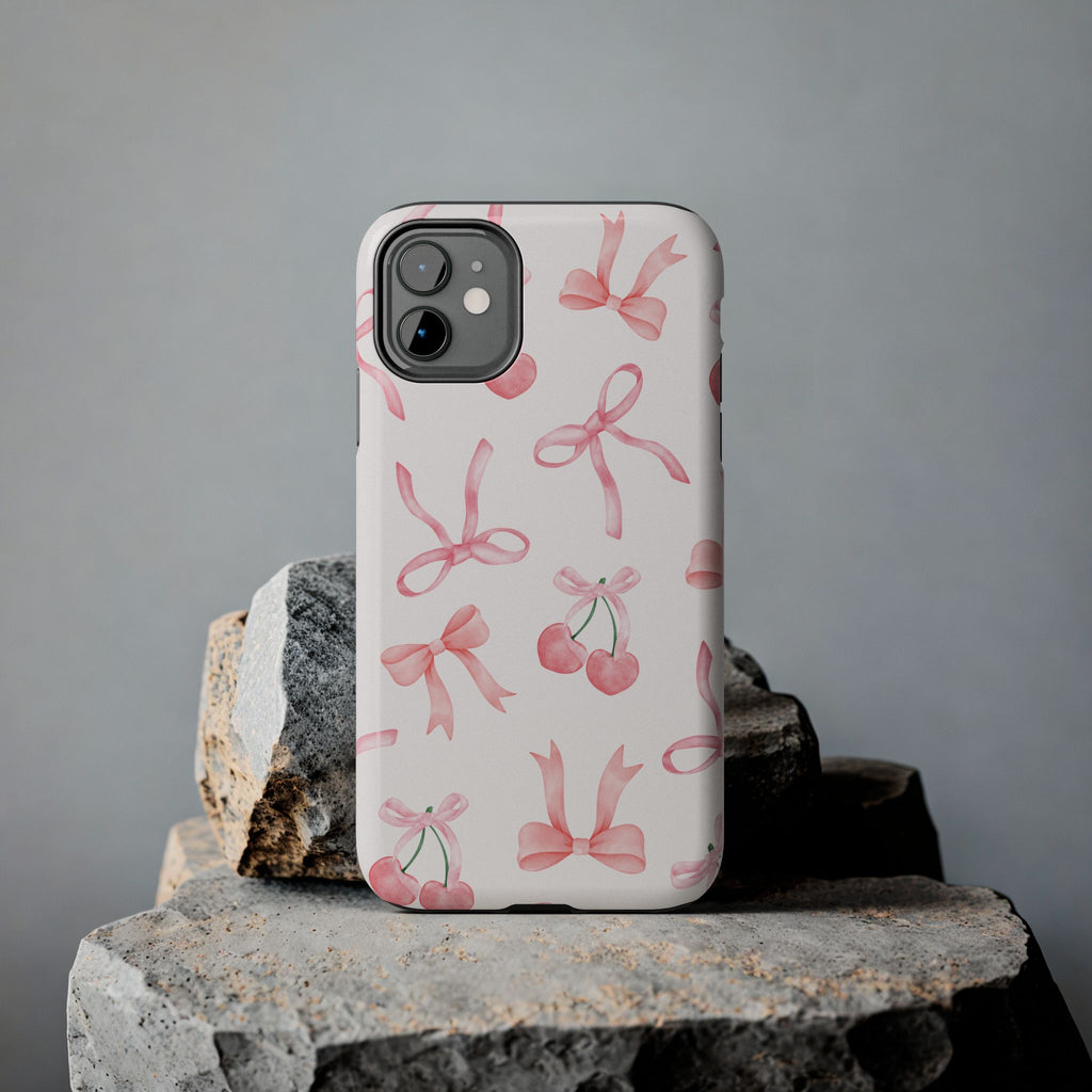 Pink Cherry & Bows Tough Phone Case — Cute Pastel Floral Pattern