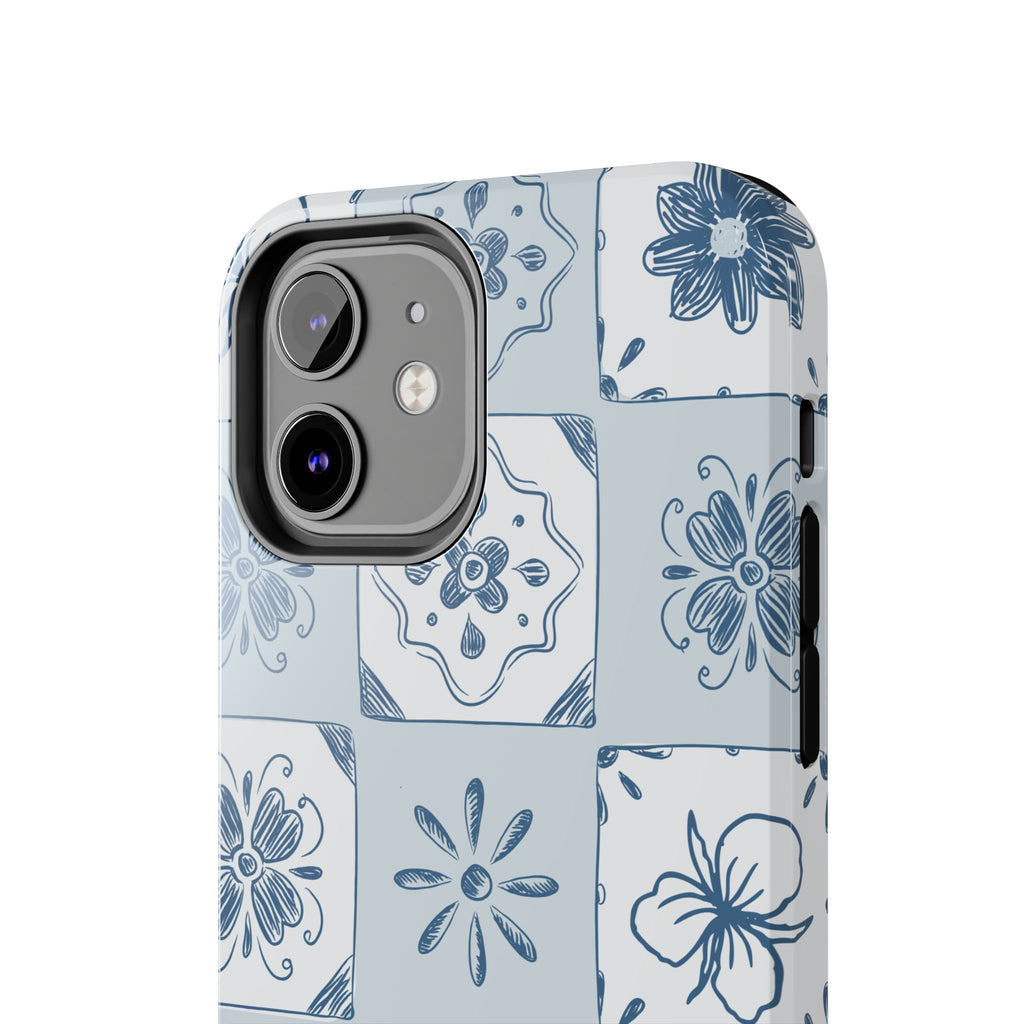 Blue Tile Floral Tough Phone Case — Ceramic Pattern Protective Phone Cover