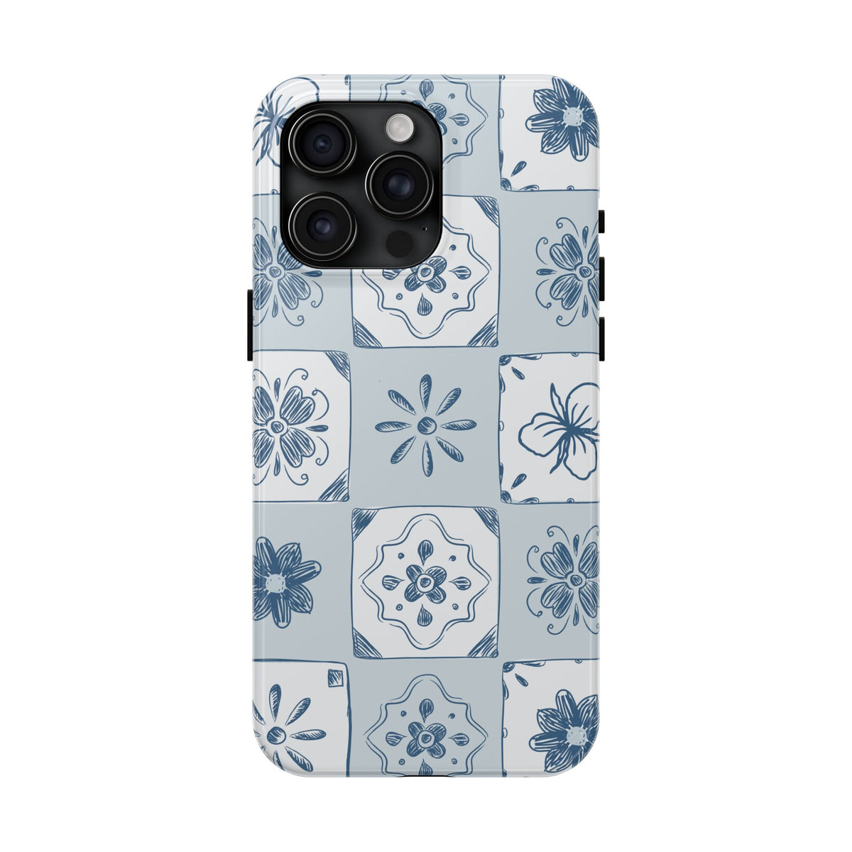 Blue Tile Floral Tough Phone Case — Ceramic Pattern Protective Phone Cover