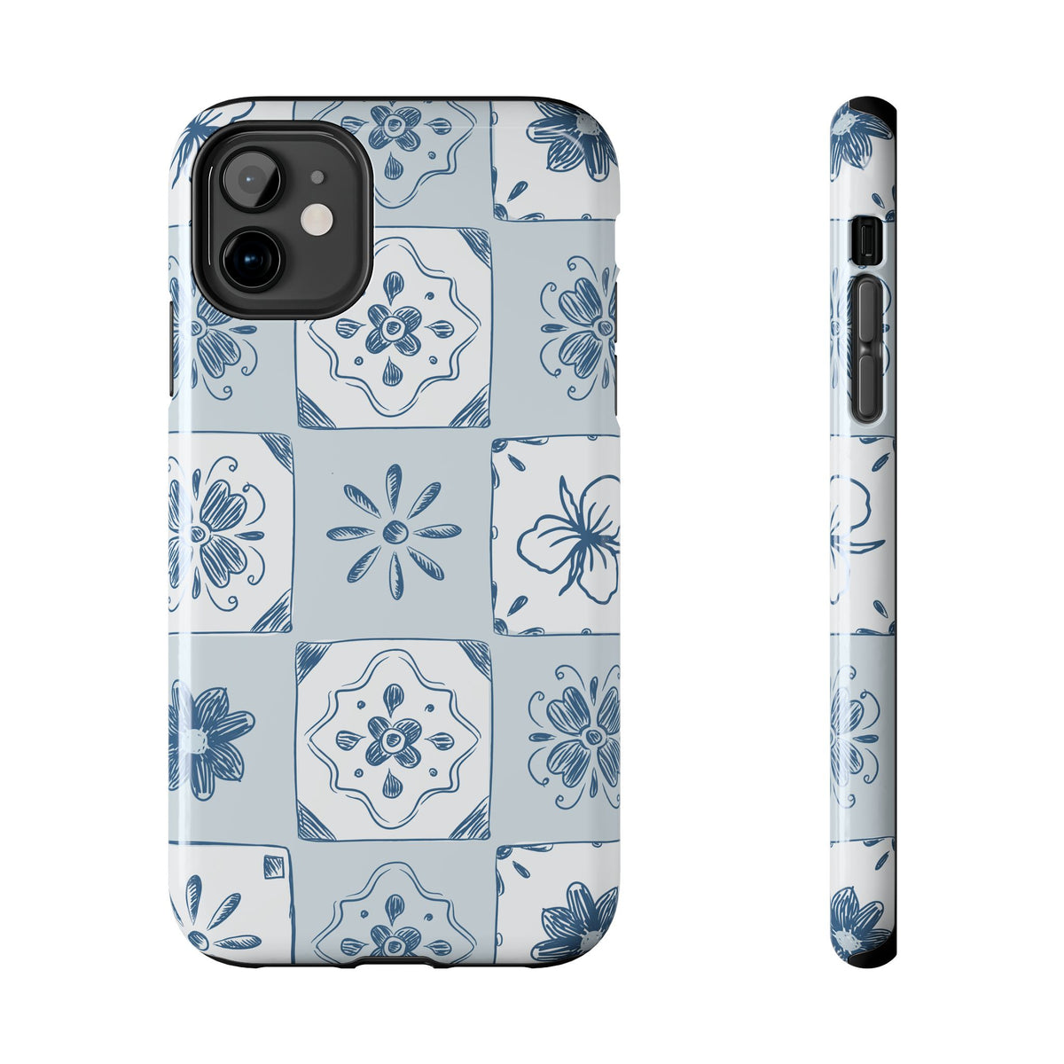 Blue Tile Floral Tough Phone Case — Ceramic Pattern Protective Phone Cover