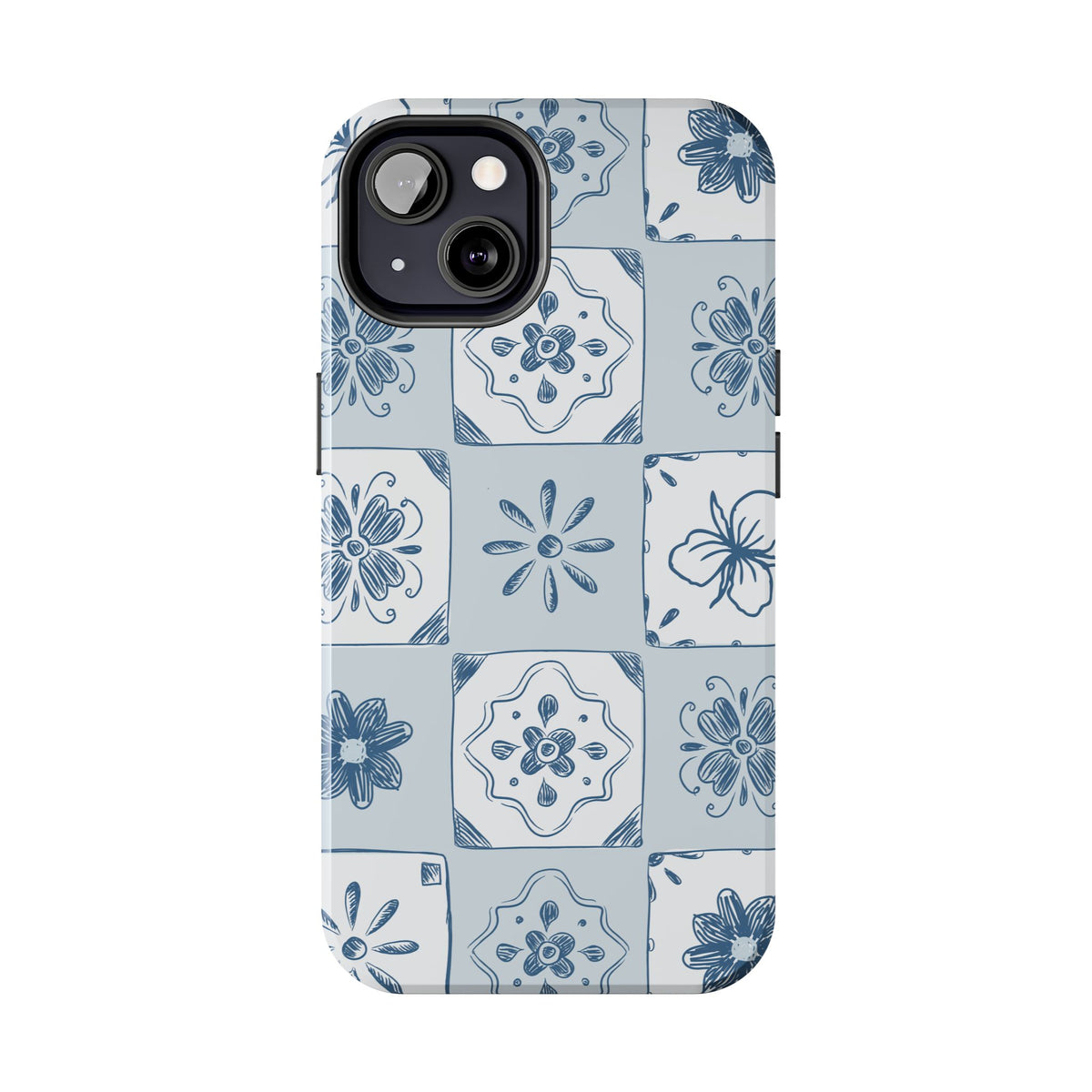 Blue Tile Floral Tough Phone Case — Ceramic Pattern Protective Phone Cover