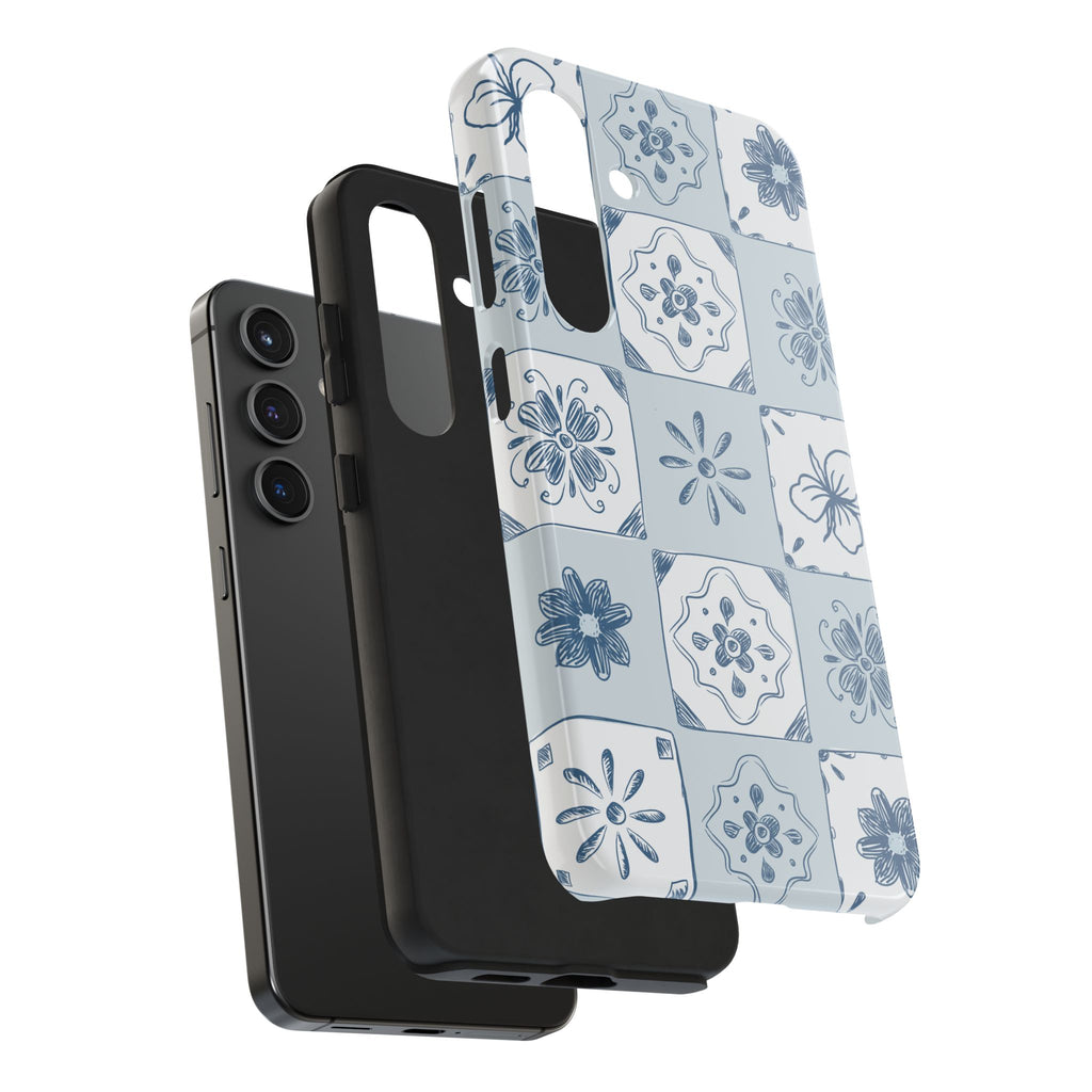 Blue Tile Floral Tough Phone Case — Ceramic Pattern Protective Phone Cover