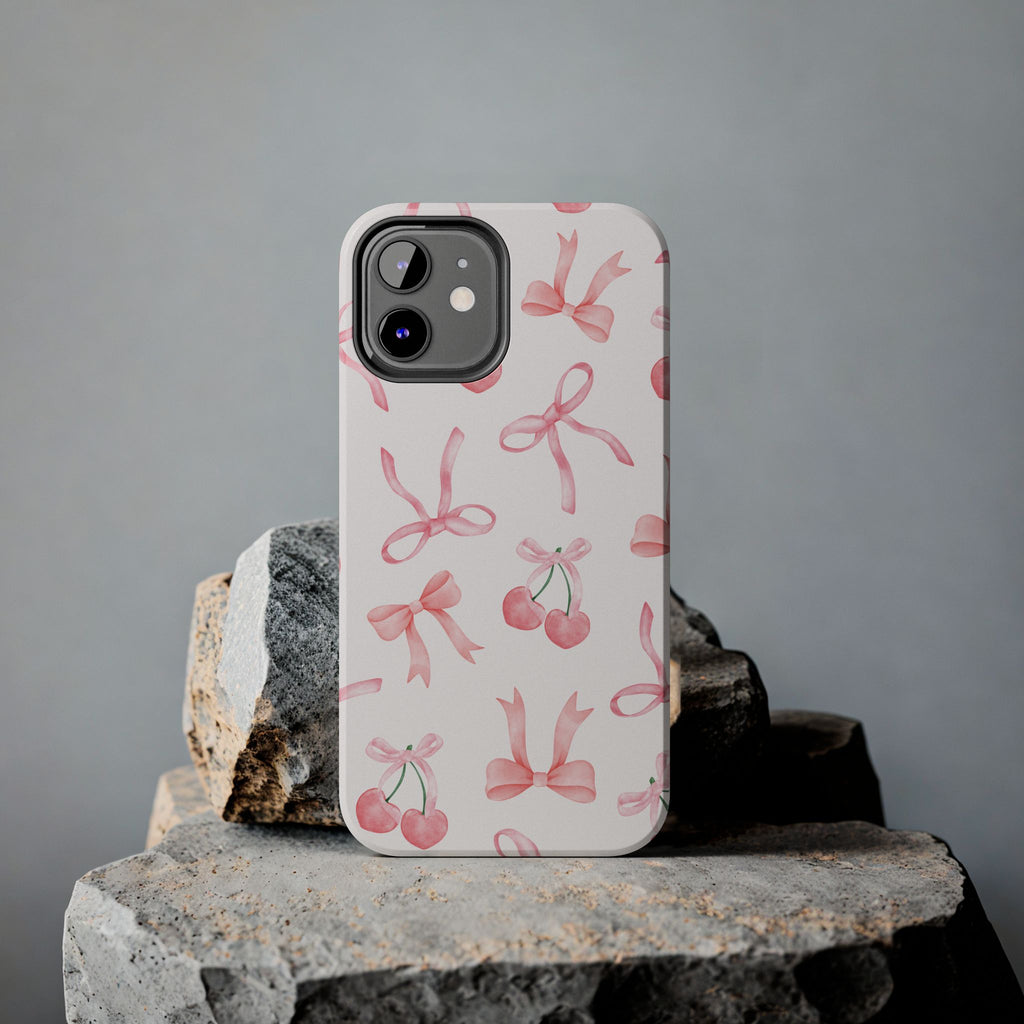 Pink Cherry & Bows Tough Phone Case — Cute Pastel Floral Pattern