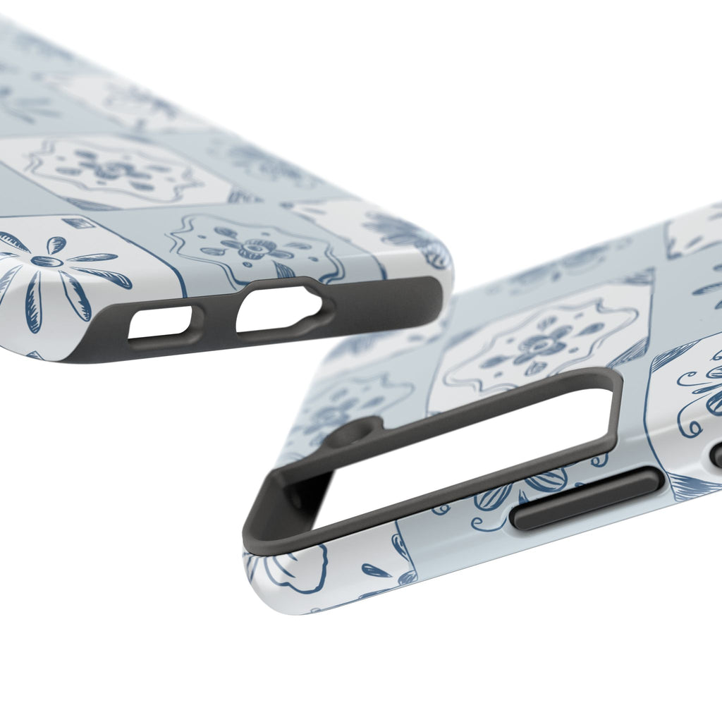 Blue Tile Floral Tough Phone Case — Ceramic Pattern Protective Phone Cover