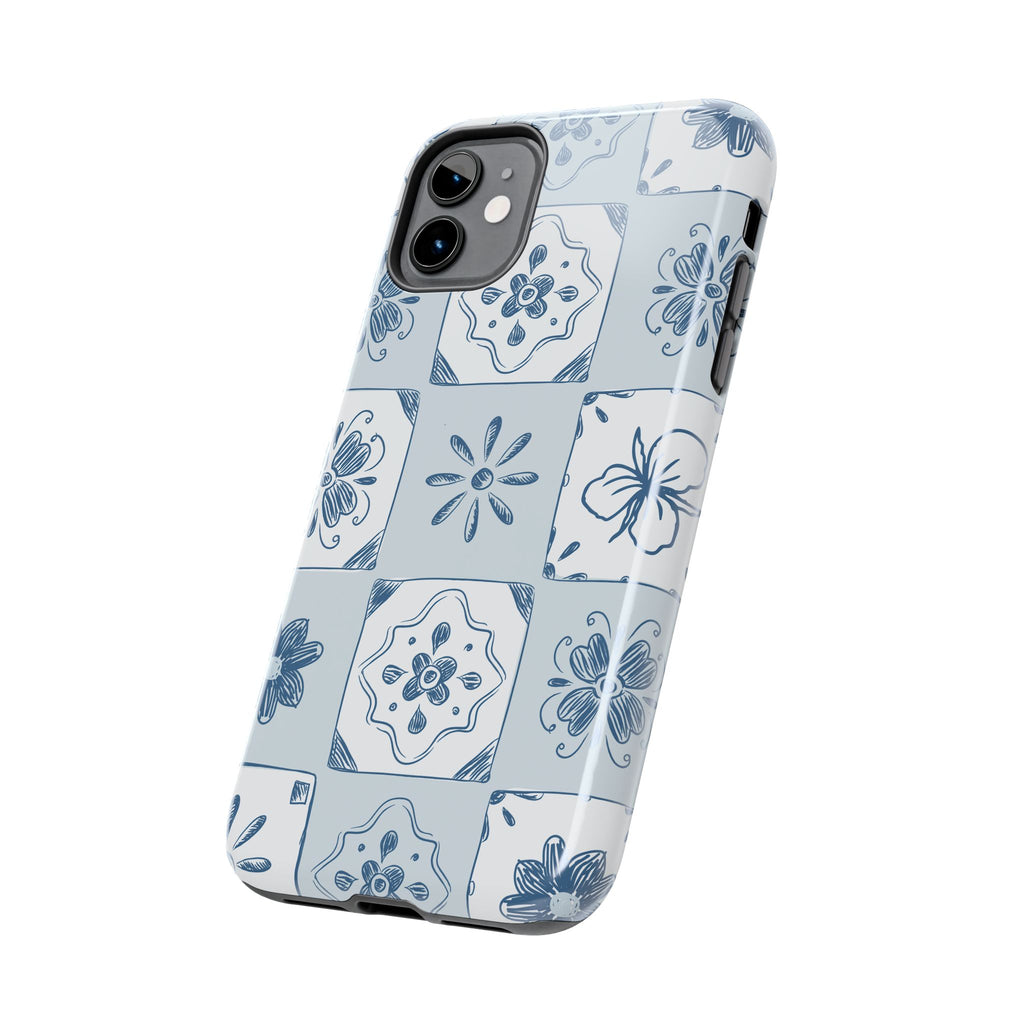 Blue Tile Floral Tough Phone Case — Ceramic Pattern Protective Phone Cover