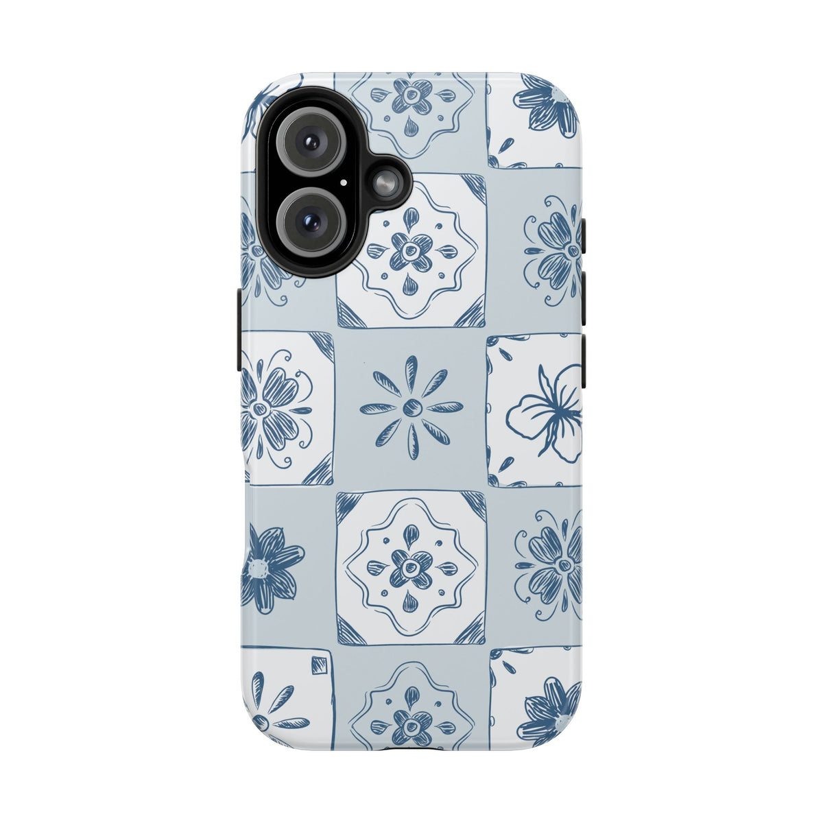 Blue Tile Floral Tough Phone Case — Ceramic Pattern Protective Phone Cover