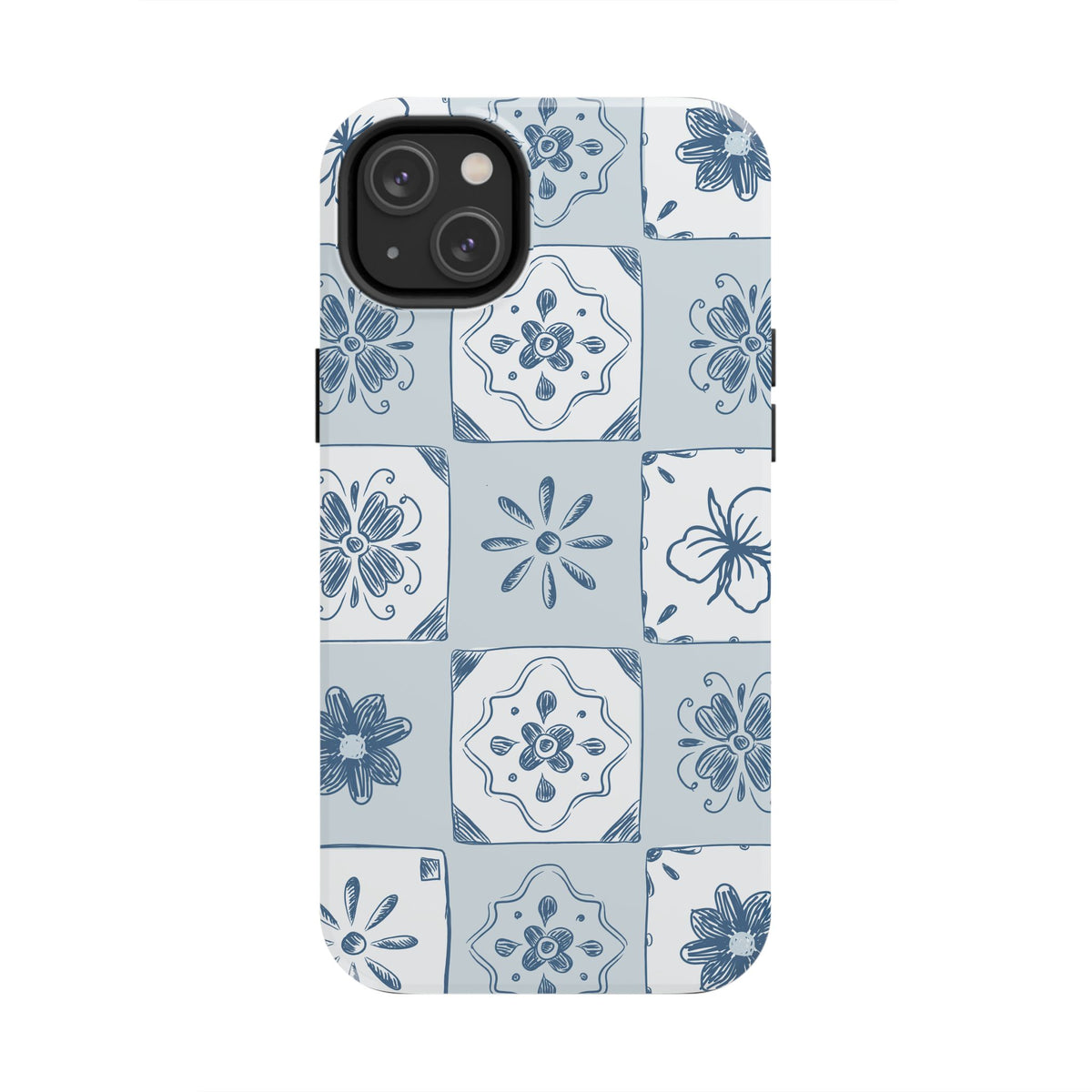 Blue Tile Floral Tough Phone Case — Ceramic Pattern Protective Phone Cover