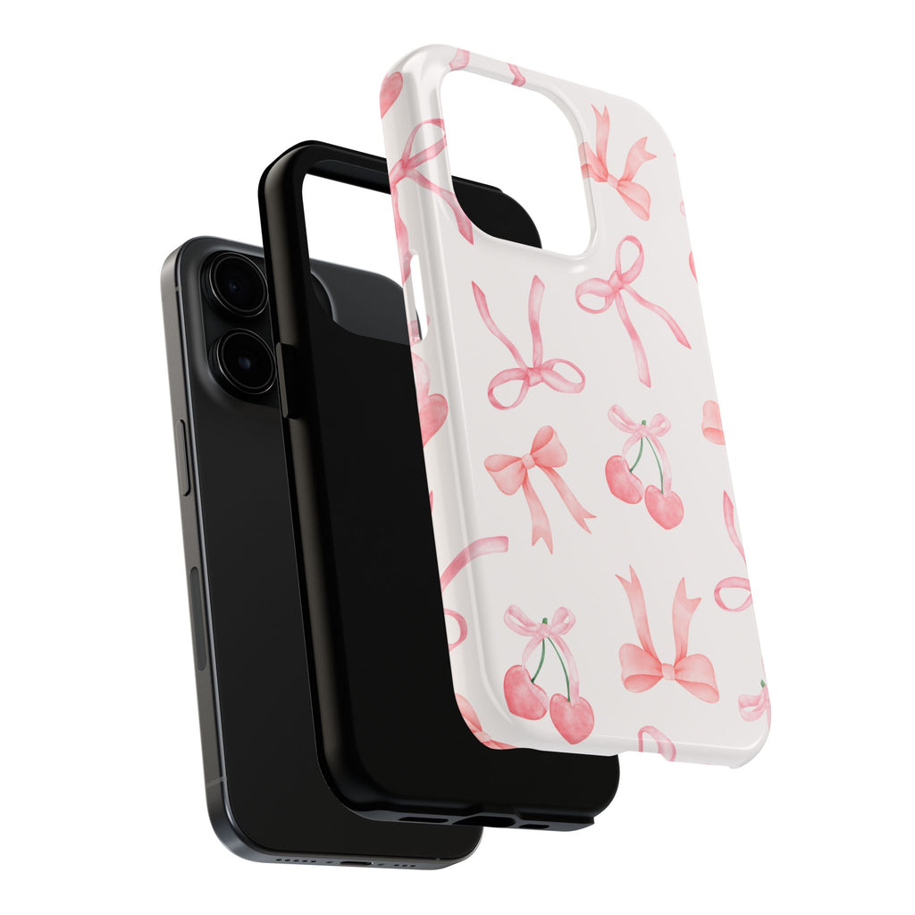 Pink Cherry & Bows Tough Phone Case — Cute Pastel Floral Pattern